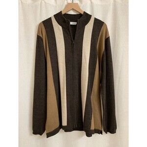 Bachrach Italy 100% Merino Wool Brown Full Double Zip Vertical Stripe Sweater XL